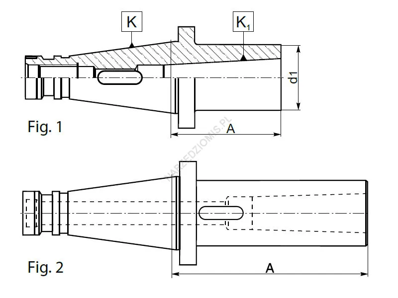 Rysunek techniczny: Tuleja redukcyjna z chw. DIN 2080 na chw.Morse'a DIN 228: T.1679 ISO30/MS1 50mm - KOLNO